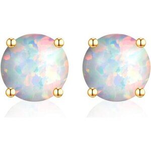 Women Ear Studs White 10/14K Solid Gold Round Opal Party Anniversary Wedding